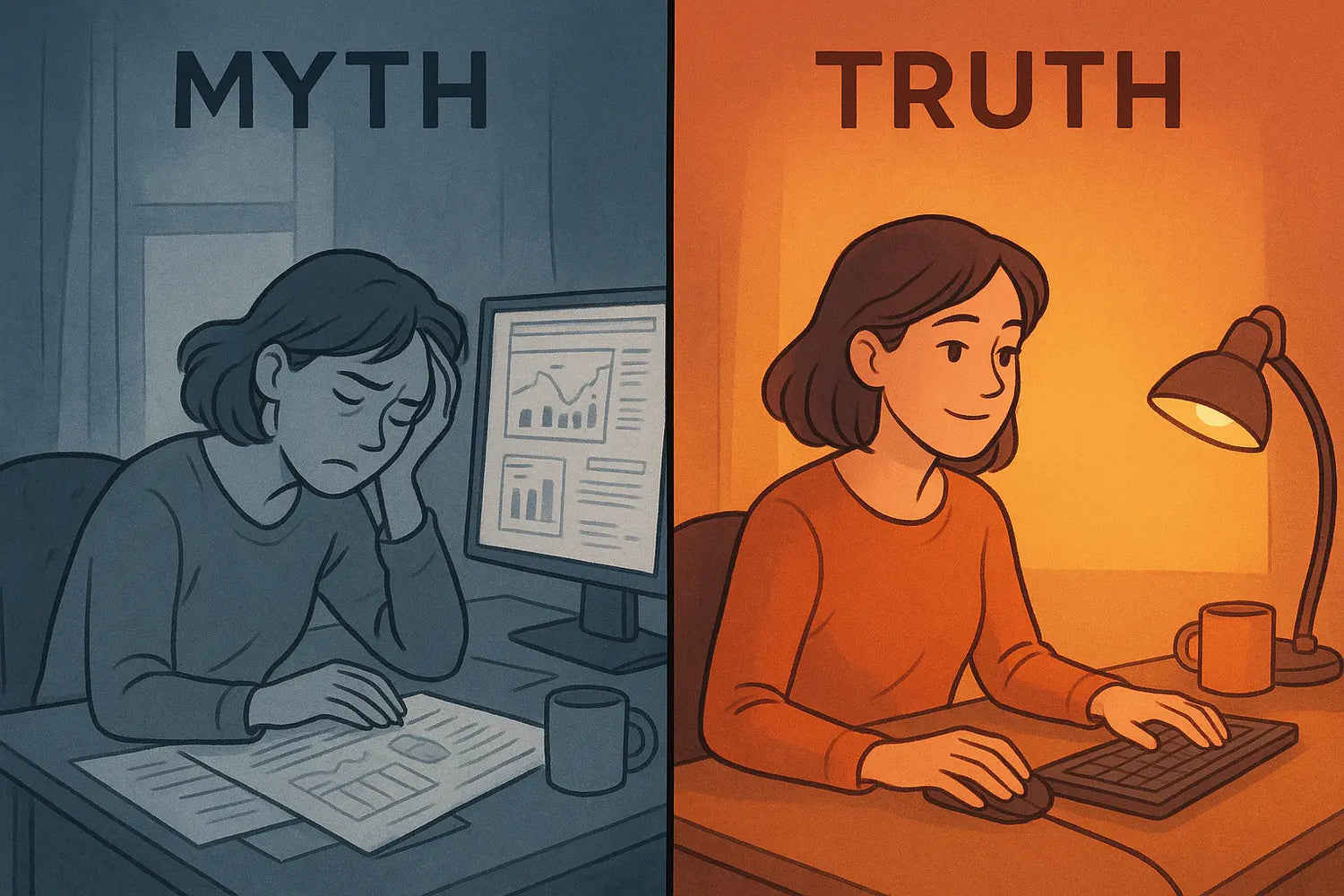 Side-by-side illustration showing a tired person struggling with work in the morning versus the same person focused and productive in the evening