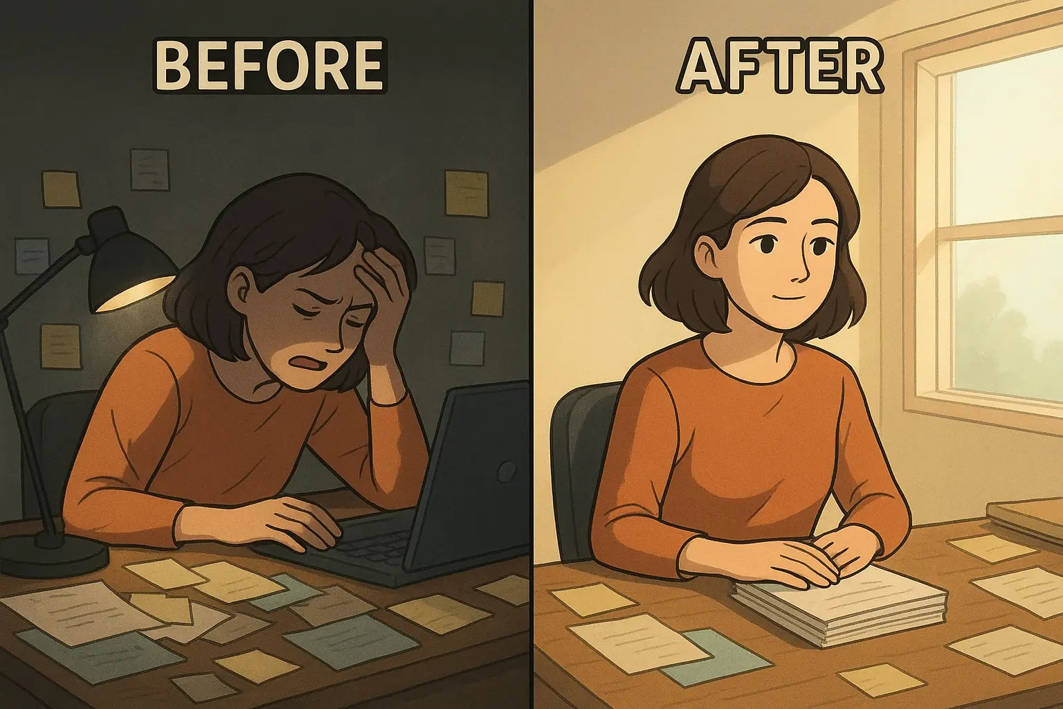 Split-panel illustration showing a woman transforming from overwhelmed at a cluttered desk to calm and focused after taking one small organising action.