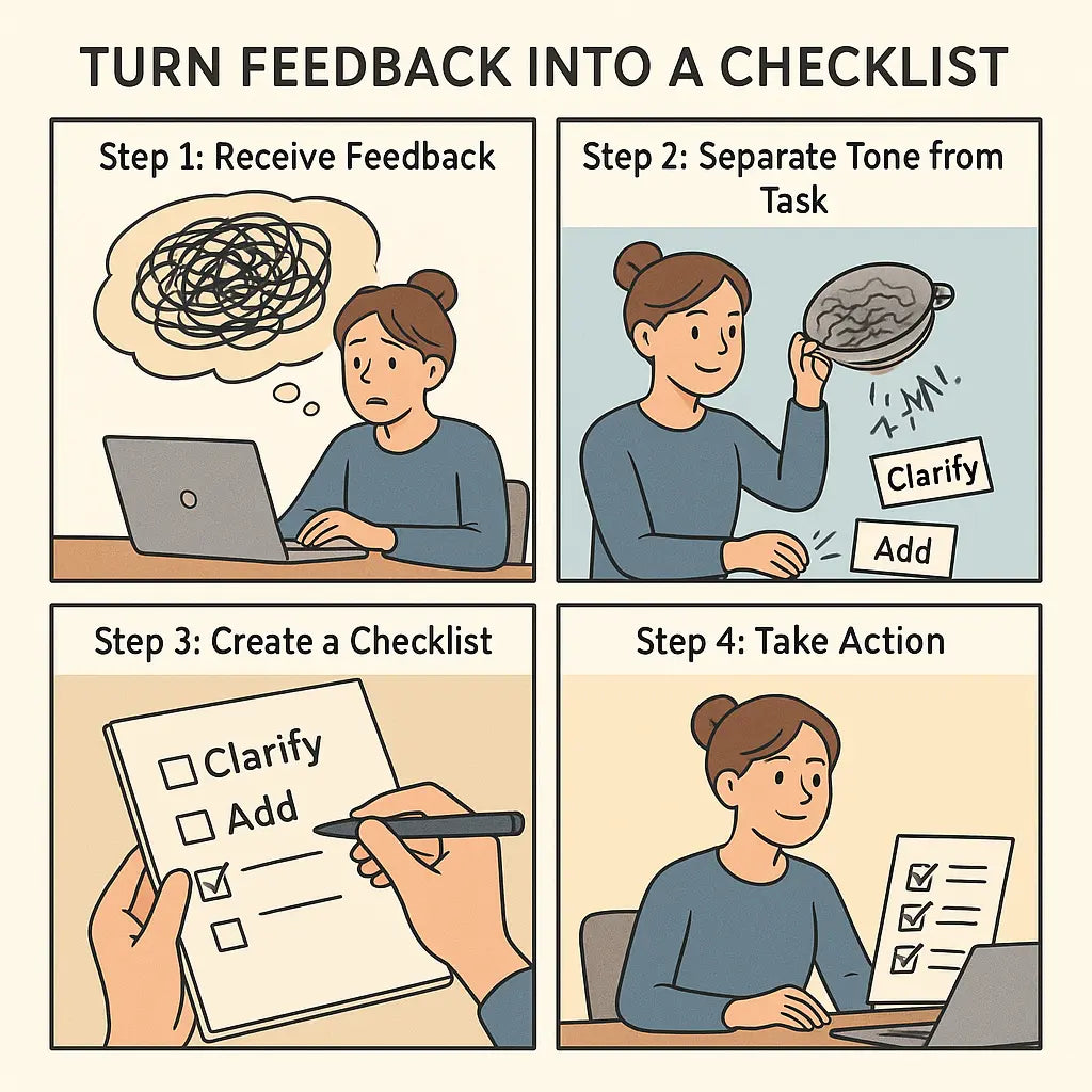 Four-panel comic showing a woman transforming stressful workplace feedback into a clear action checklist through filtering and planning.