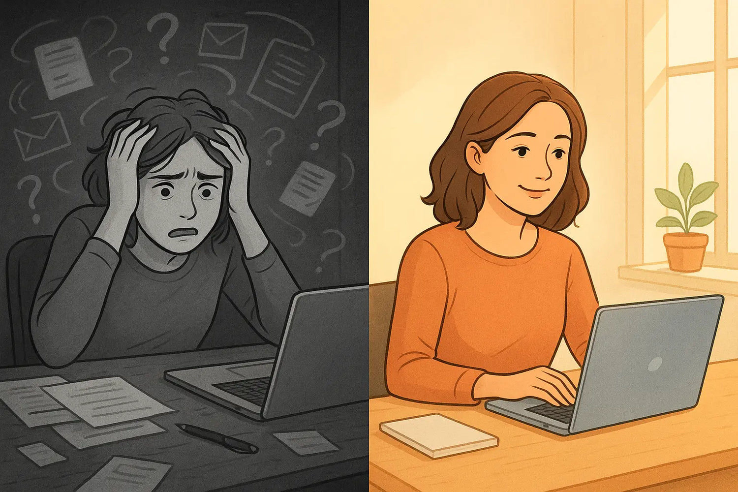 Woman transforms from stressed at messy desk to calm reviewing organised Waiting On list on laptop