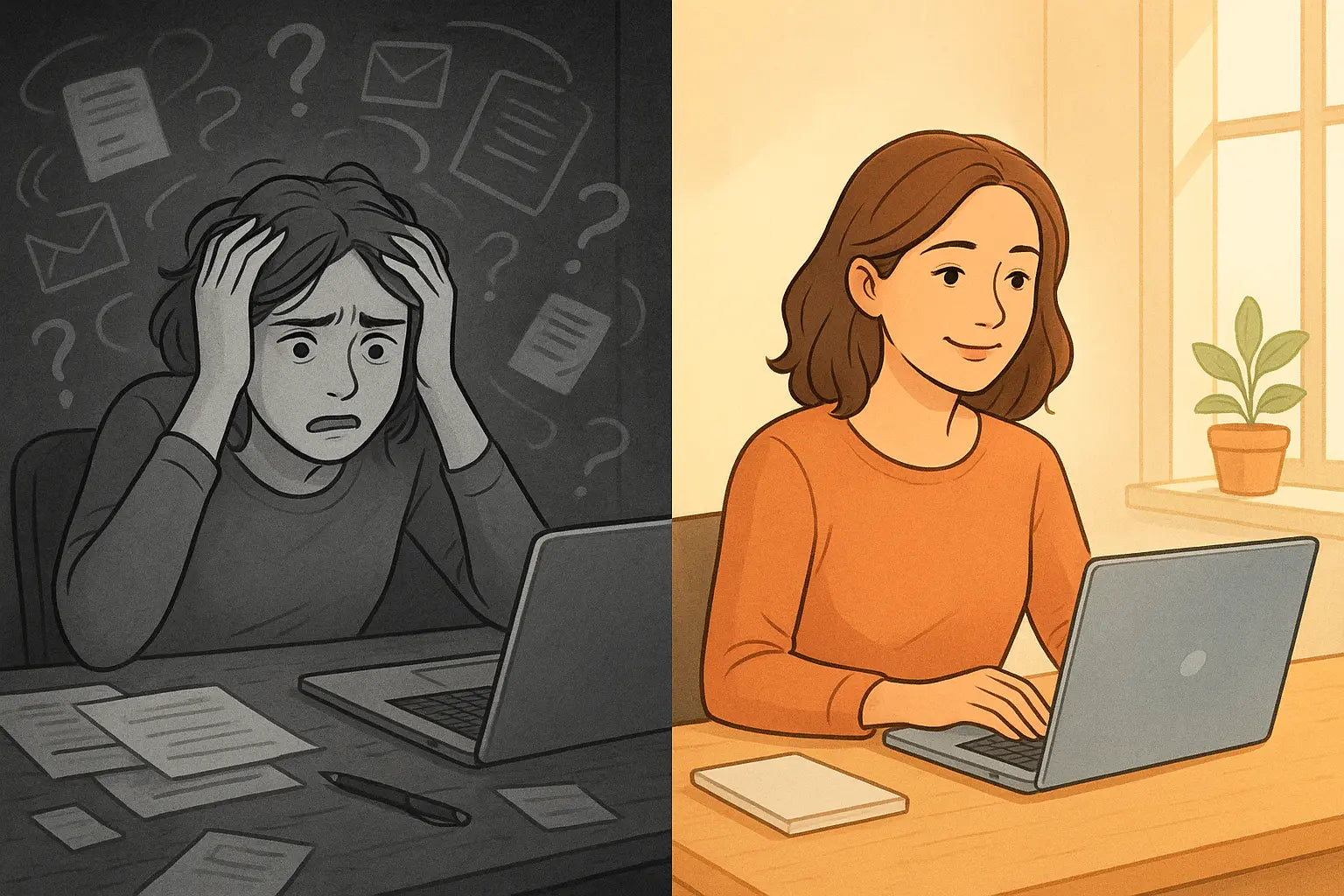 Woman transforms from stressed at messy desk to calm reviewing organised Waiting On list on laptop