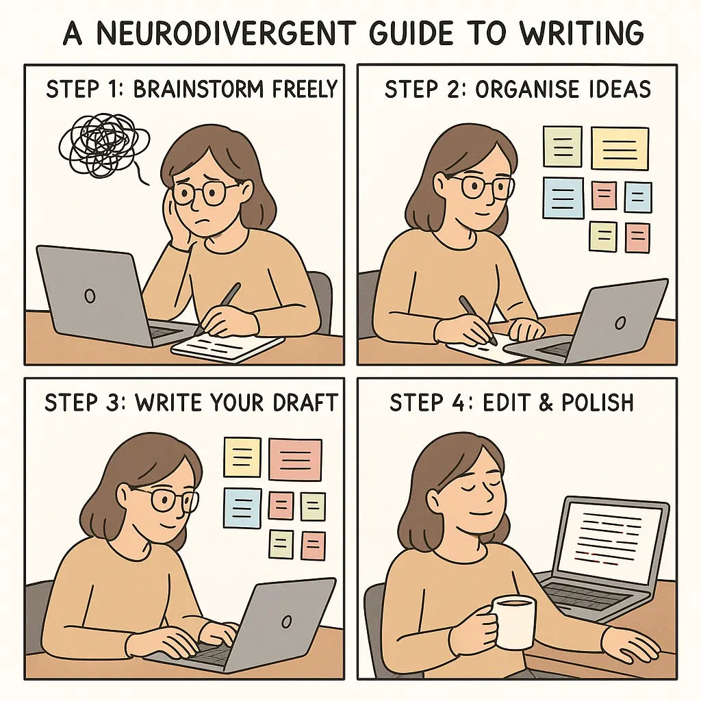Four-panel comic showing a woman moving from stressed brainstorming to satisfied completion through organised writing stages