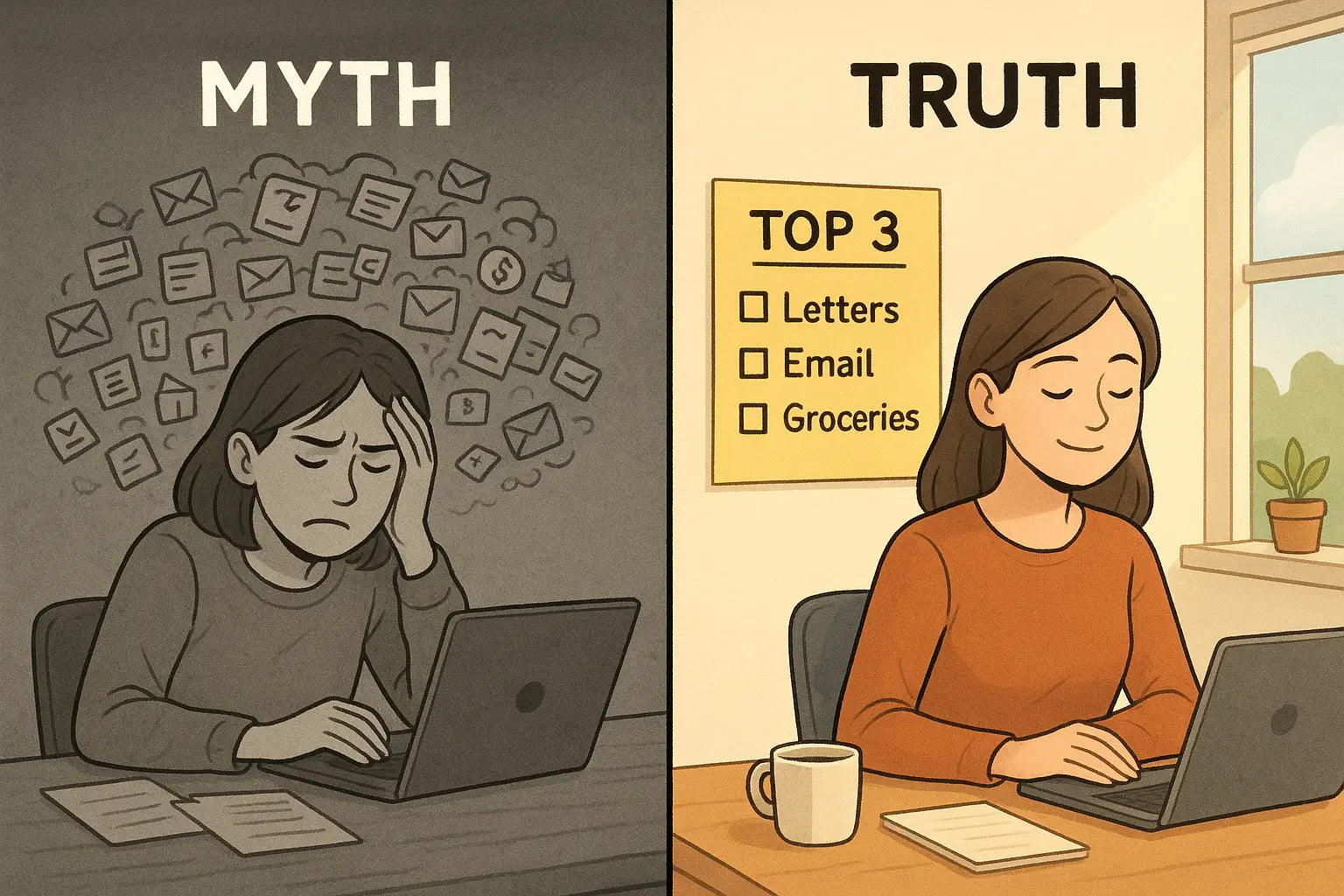 Split illustration showing overwhelmed person surrounded by chaotic task icons contrasted with calm person focusing on visible Top 3 priority list