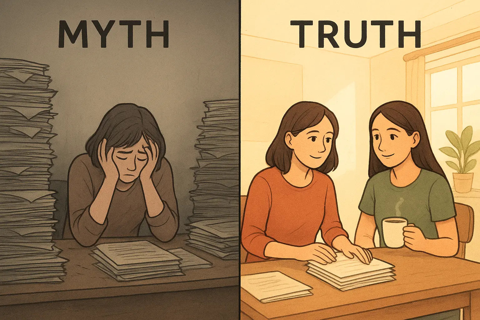 Side-by-side comparison showing a stressed woman alone at a cluttered desk versus the same woman feeling calm and focused with a supportive friend beside her.