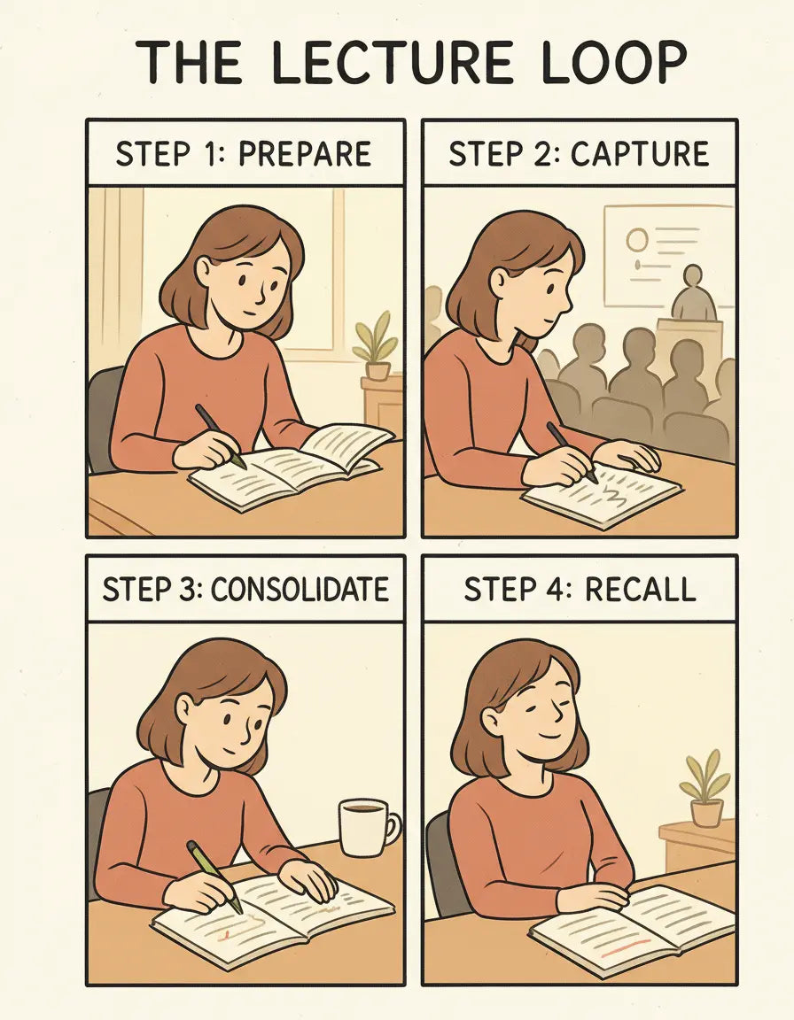 Student at desk preparing for lecture, taking notes during class, consolidating notes with tea, and reviewing organised notes with satisfaction