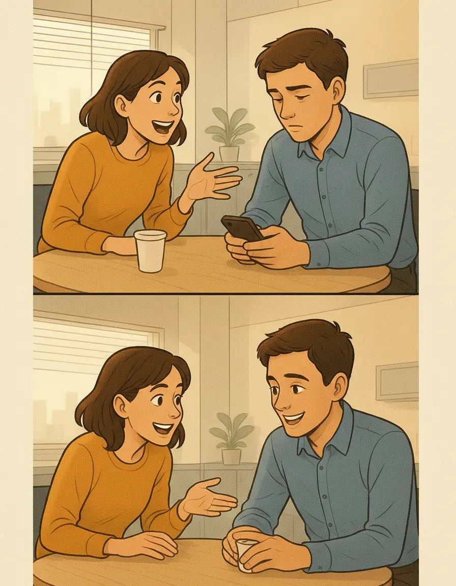 Two colleagues in a modern office break room, transitioning from disconnected to engaged conversation, demonstrating the power of matched energy