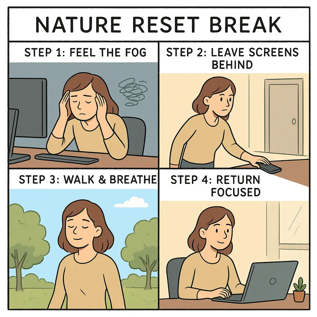 Woman walking peacefully in park with trees and blue sky, taking deep breath with calm smile, demonstrating screen-free nature break for mental clarity.