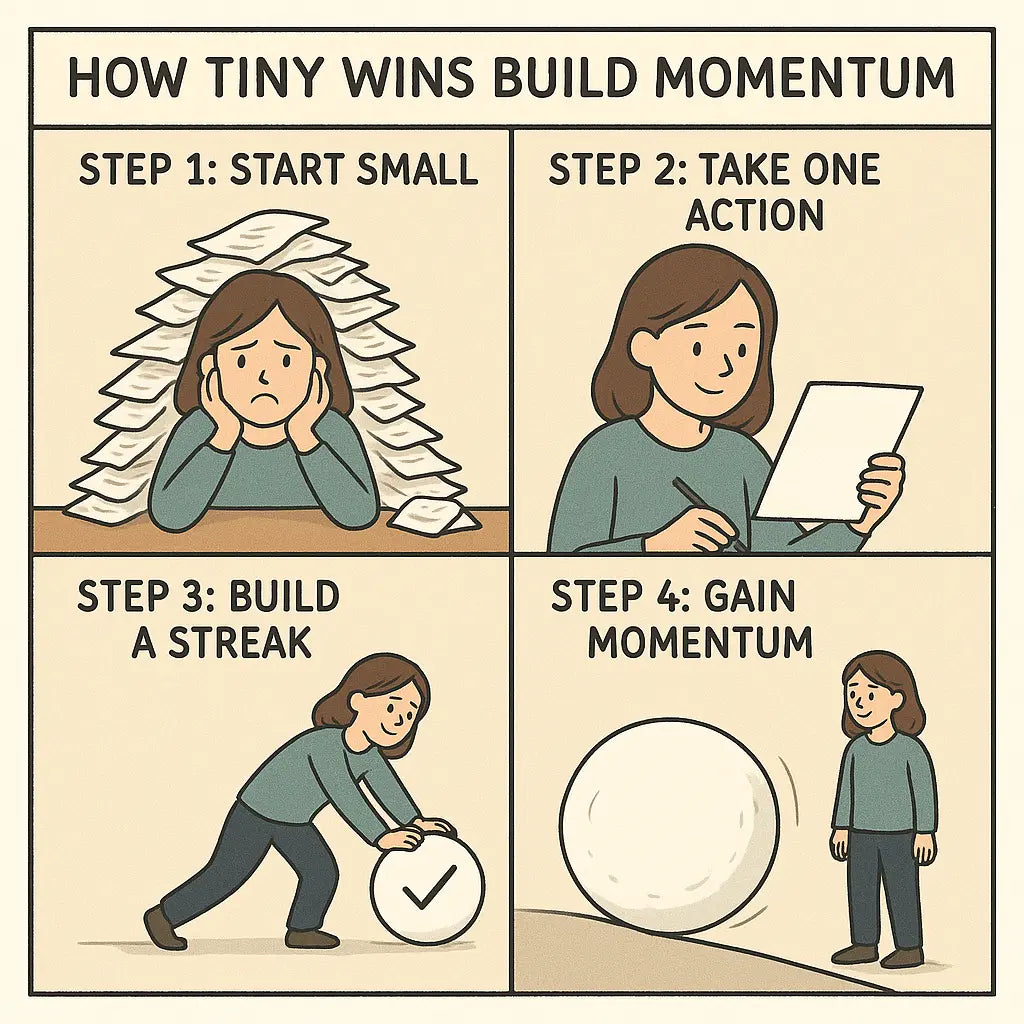 Four-panel comic showing a woman transforming overwhelm into momentum by completing small tasks that grow like a snowball