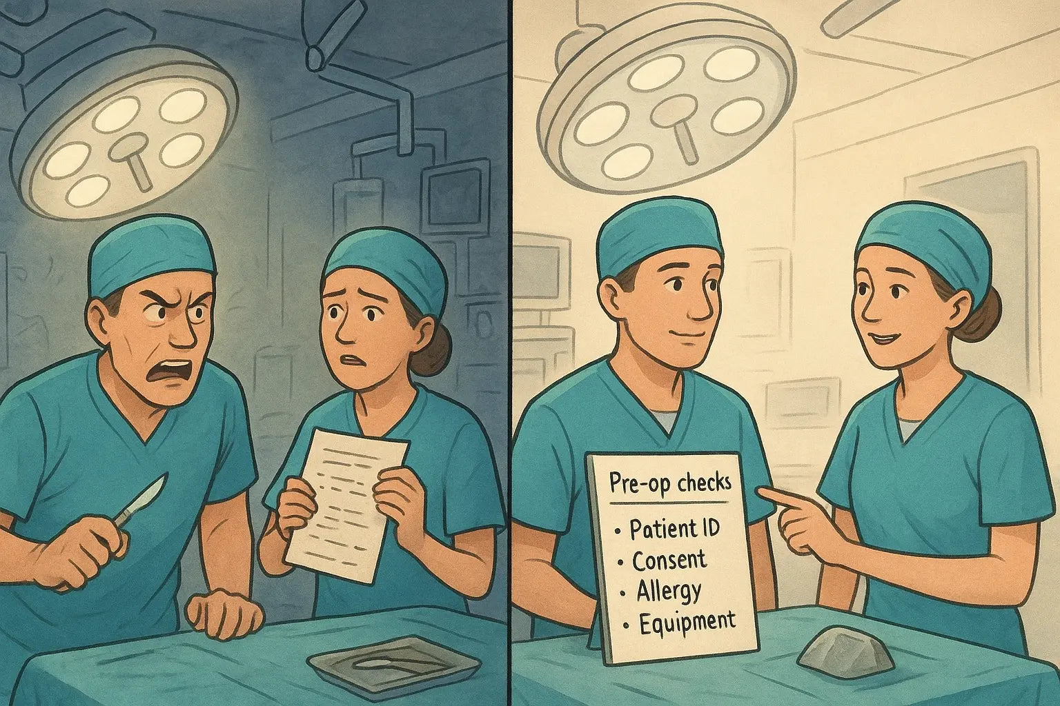 Split panel showing chaotic vs. calm surgical teams using visual checklist reminders for safety
