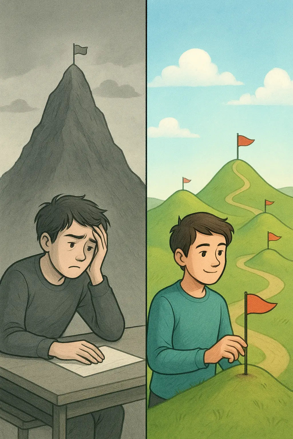 A person confidently planting flags on small hills, celebrating tiny wins, contrasted with feeling overwhelmed by one giant mountain.