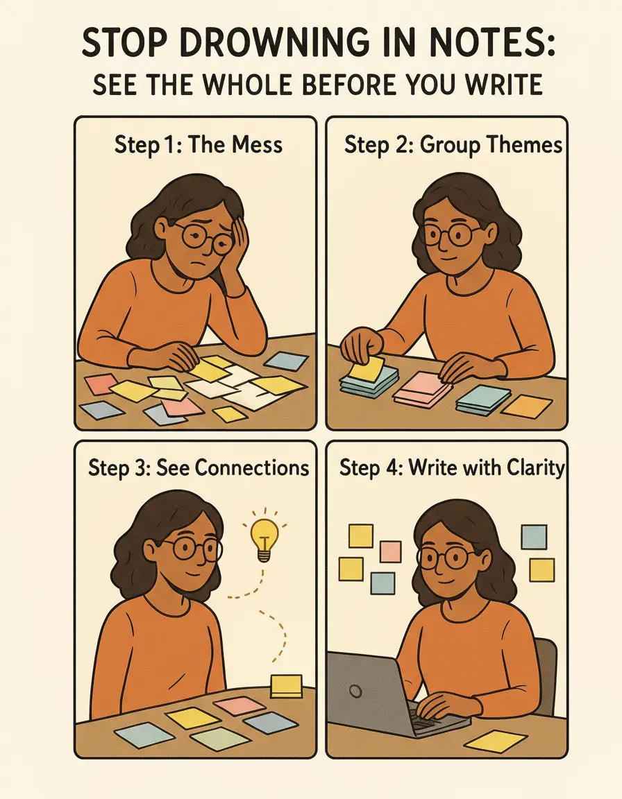 A four-panel comic showing a woman's journey from overwhelm in a dark cluttered room to calm organisation with proper support tools and planning.
