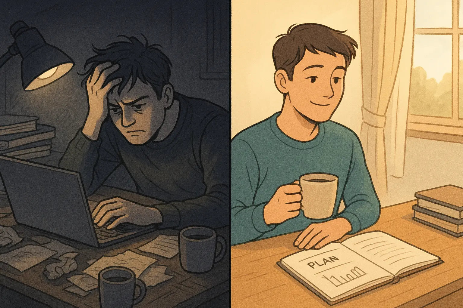 Student transformation from chaotic desk at night to organised morning study with clear plan