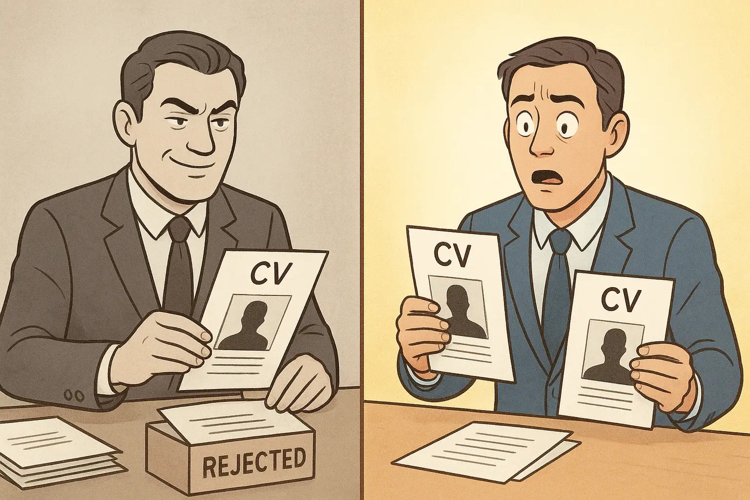 Split-screen illustration showing a manager's shocked realisation after swapping CV names reveals their hidden hiring bias
