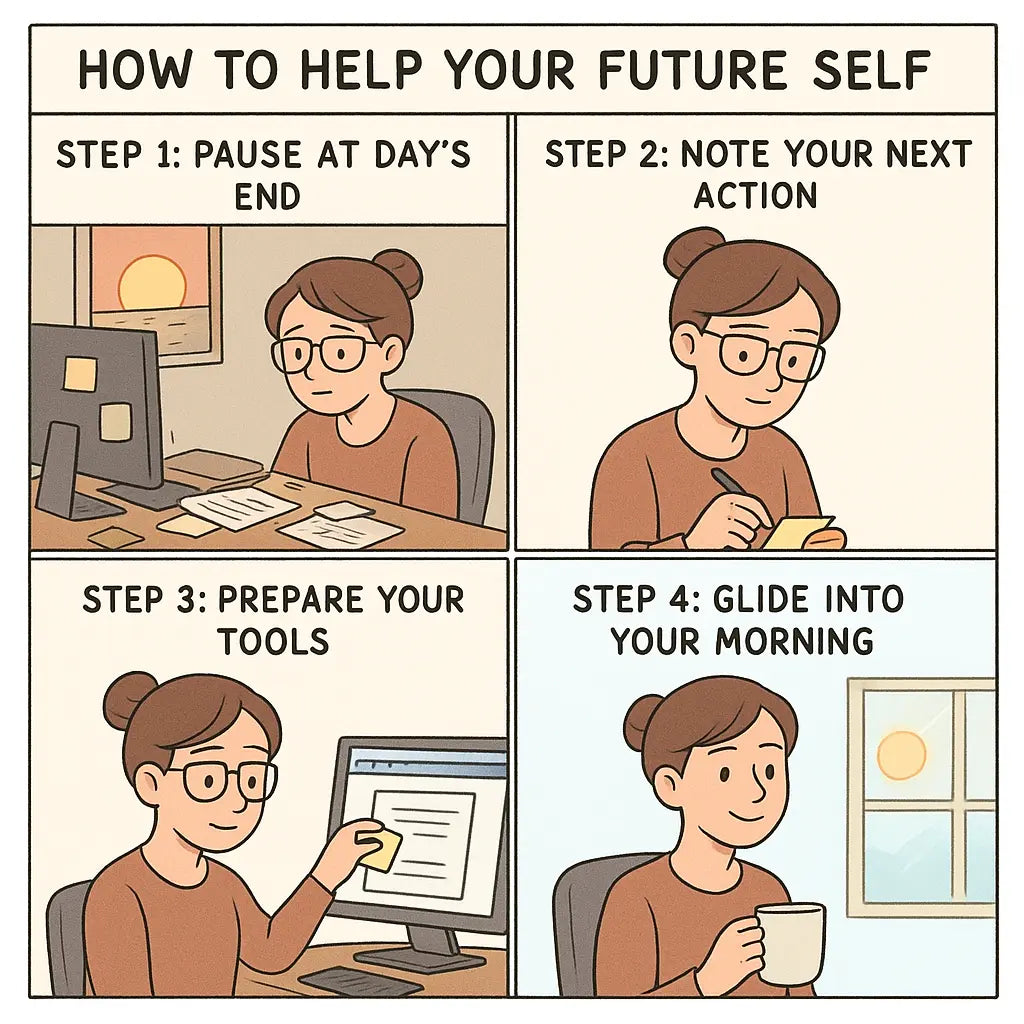 Four-panel comic showing a woman transforming from overwhelmed to calm by preparing her workspace the night before for a stress-free morning