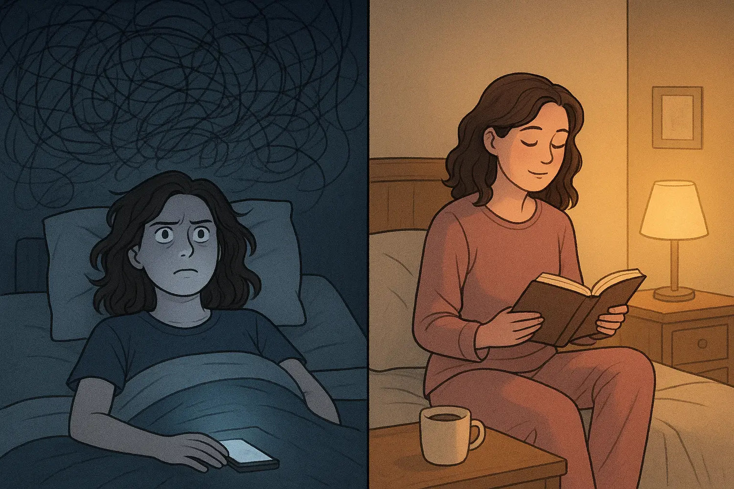 Woman transitioning from lying awake with racing thoughts to calmly reading with tea in a peaceful bedroom setting