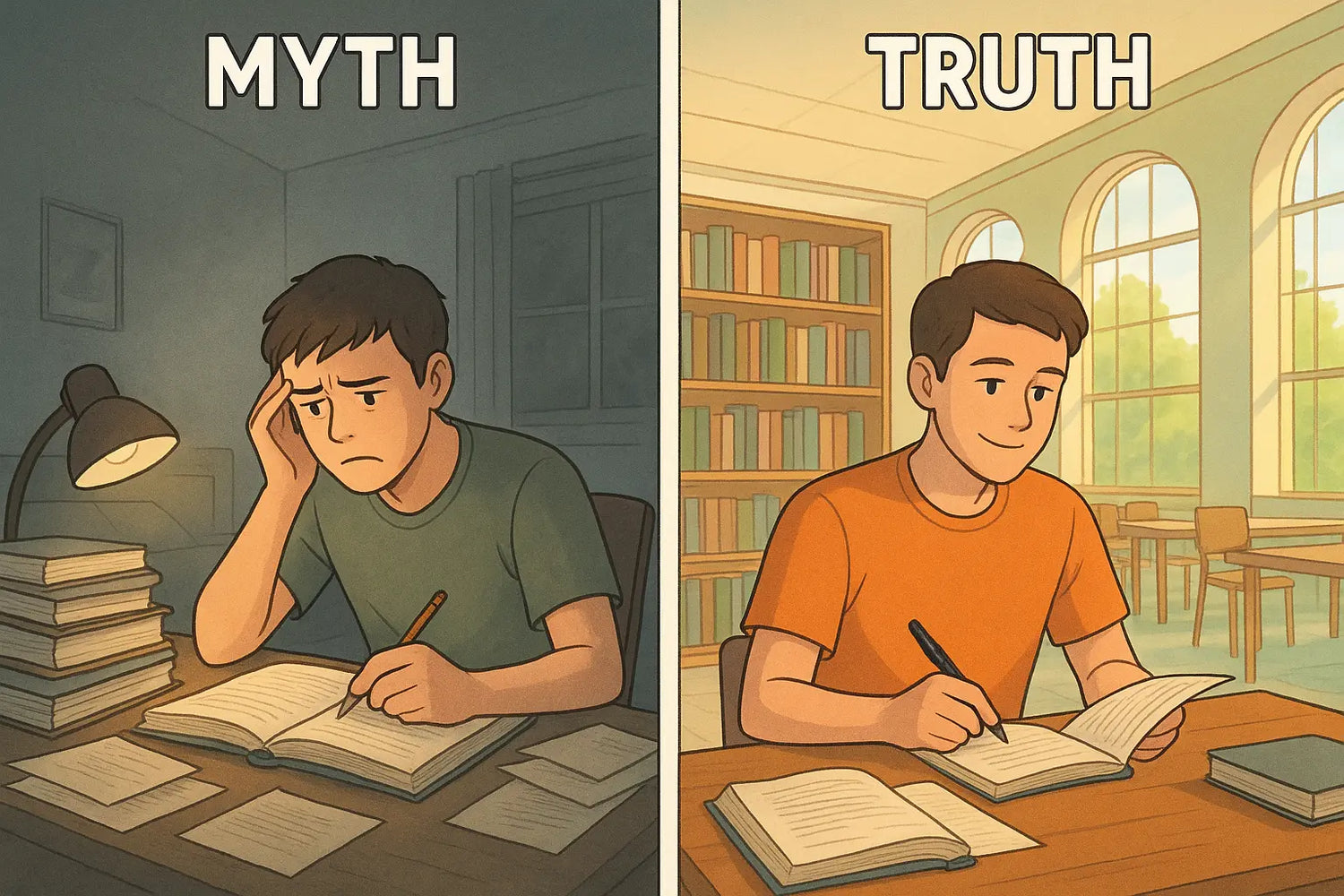 Split image showing a student struggling in a dim room versus thriving in a bright library with varied study locations