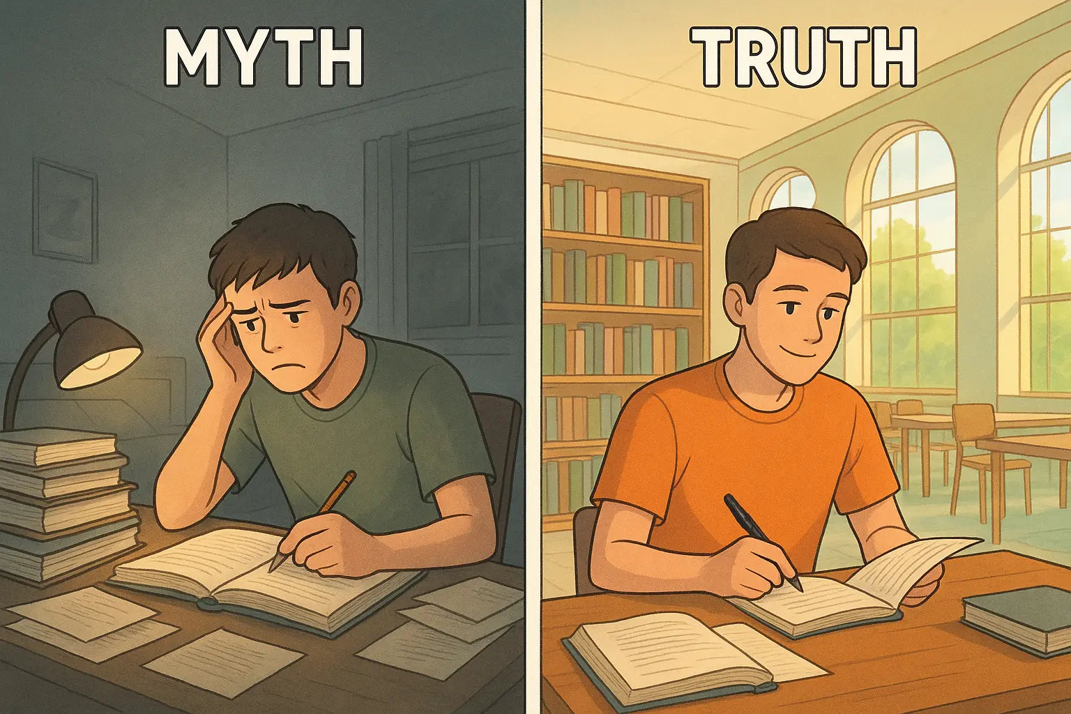 Split image showing a student struggling in a dim room versus thriving in a bright library with varied study locations