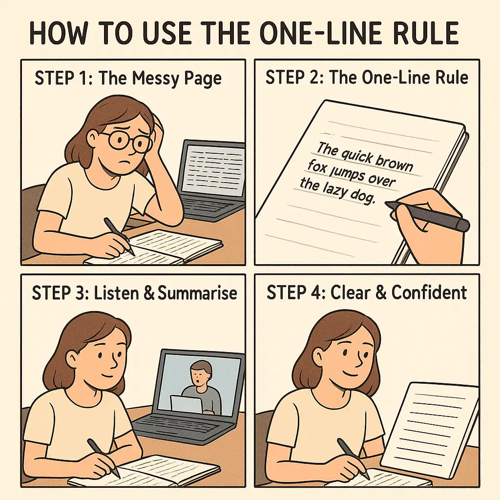 Four-panel comic showing a woman transforming messy, overwhelming notes into clear single-line summaries using the One-Line Rule method.