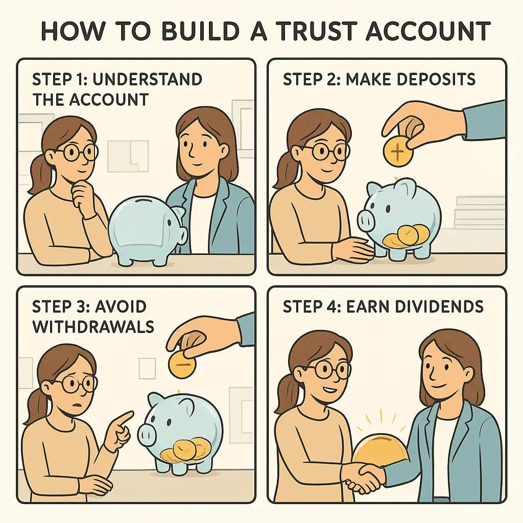 A woman and colleague shake hands beside a glowing piggy bank, symbolising a strong trust account built through consistent positive actions.