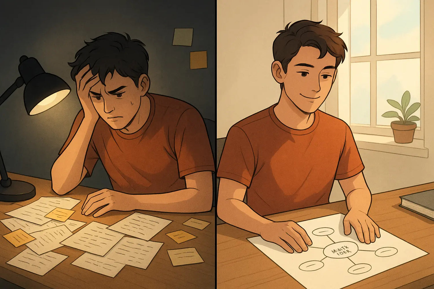 Split image showing a stressed student with messy notes transforming into a calm student with an organised concept map