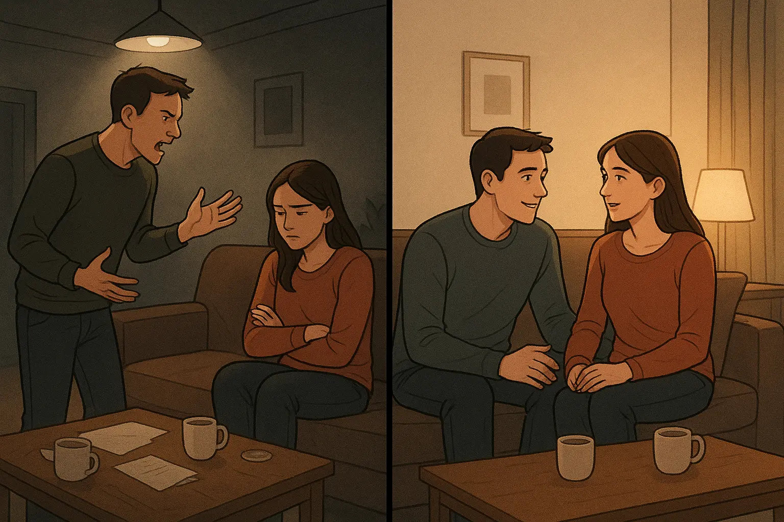 Split panel showing a couple transforming from a tense argument in chaos to calm communication in an organised, peaceful space