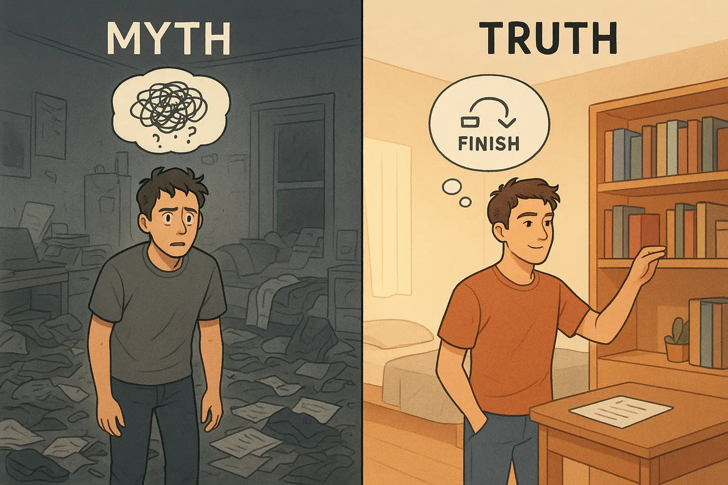 Split comparison showing a young man overwhelmed by a messy room on the left, and calm while finishing organizing on the right using backward planning.