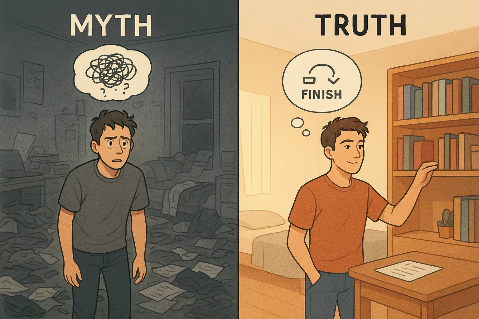 Split comparison showing a young man overwhelmed by a messy room on the left, and calm while finishing organizing on the right using backward planning.