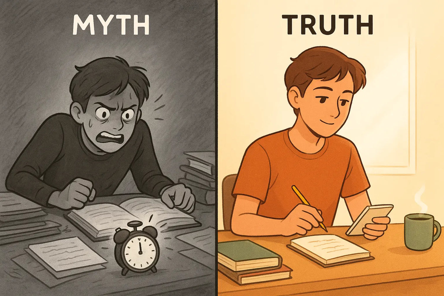 Split illustration showing stressed student racing timer versus calm student reflecting on focus session