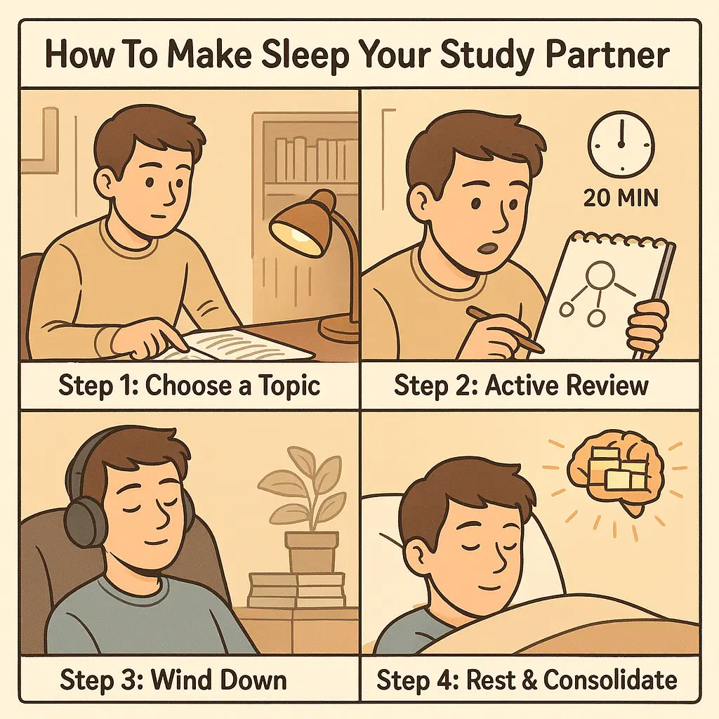 A four-panel comic showing a student choosing a topic, doing active review, winding down, and sleeping while their brain consolidates information.