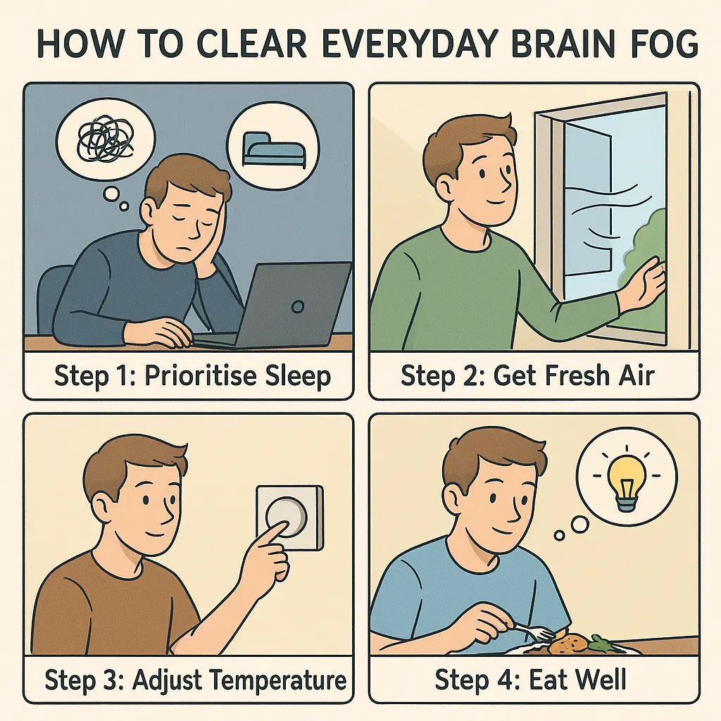 Four-panel guide showing a person improving from foggy to focused by addressing sleep, fresh air, temperature, and healthy food.