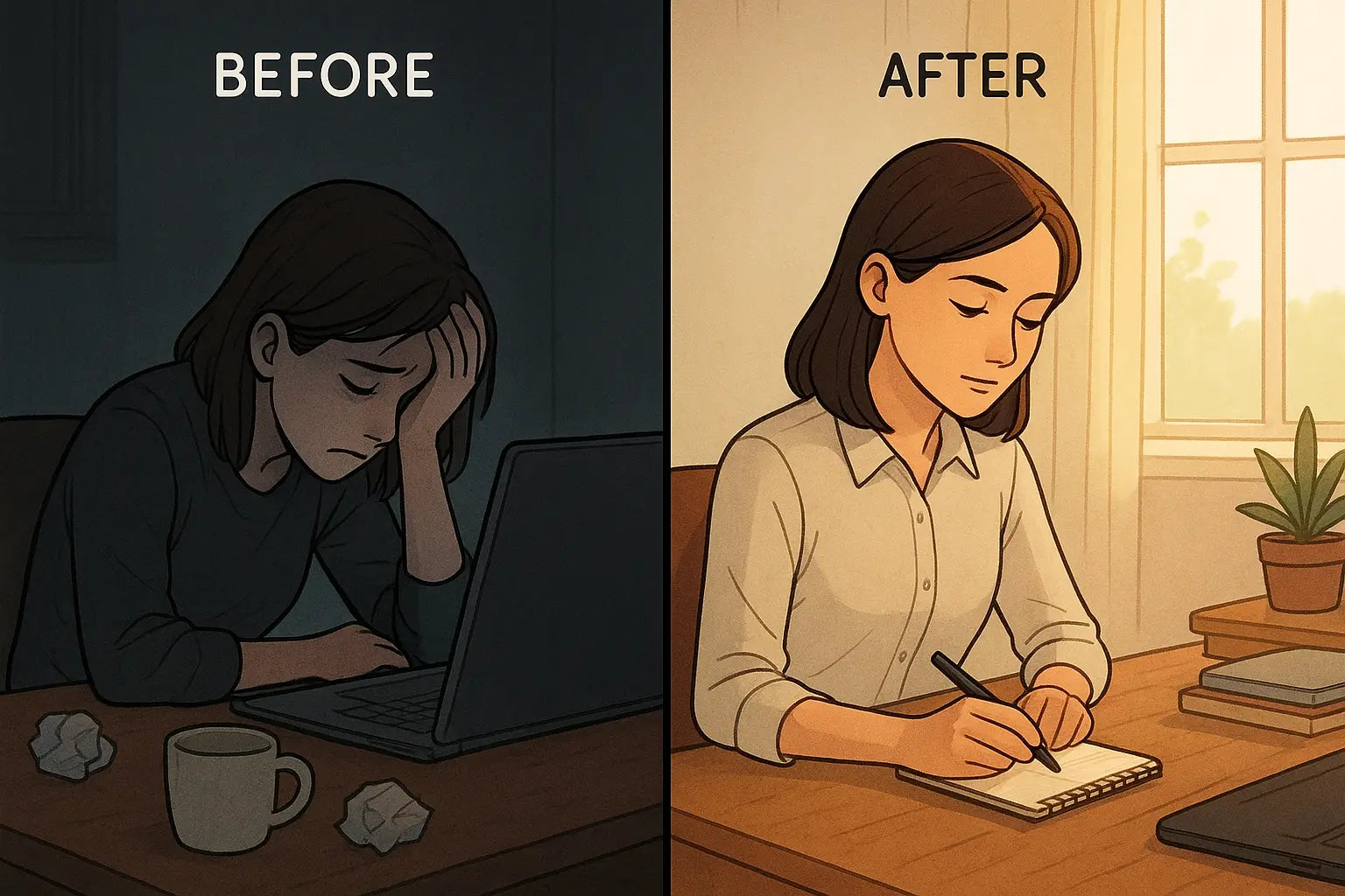 Split-panel illustration showing a professional woman transforming from frustrated at a messy desk to focused and writing a plan in a tidy workspace