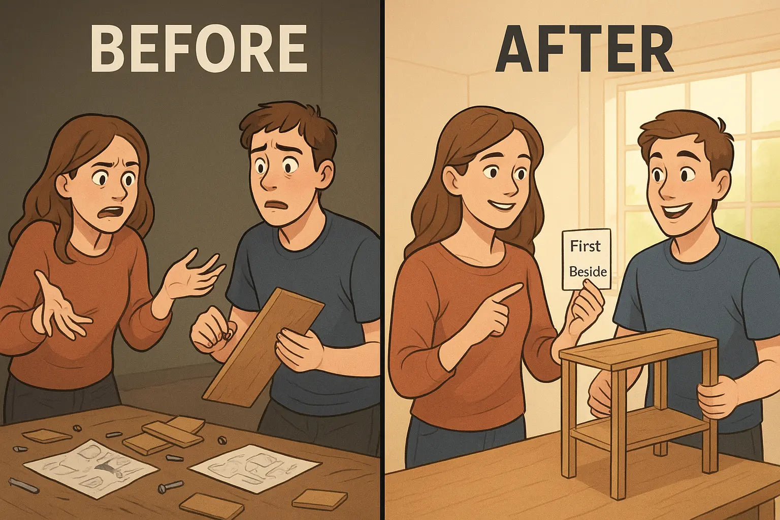 Split panel showing a person transforming from giving confusing instructions to using clear guide words for successful communication