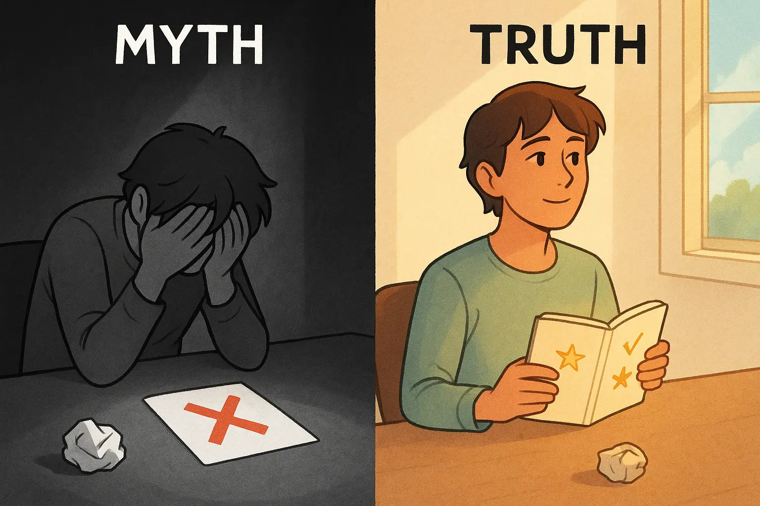 Split illustration showing a person crushed by negative feedback on the left, and calmly reviewing a glowing notebook of wins on the right.