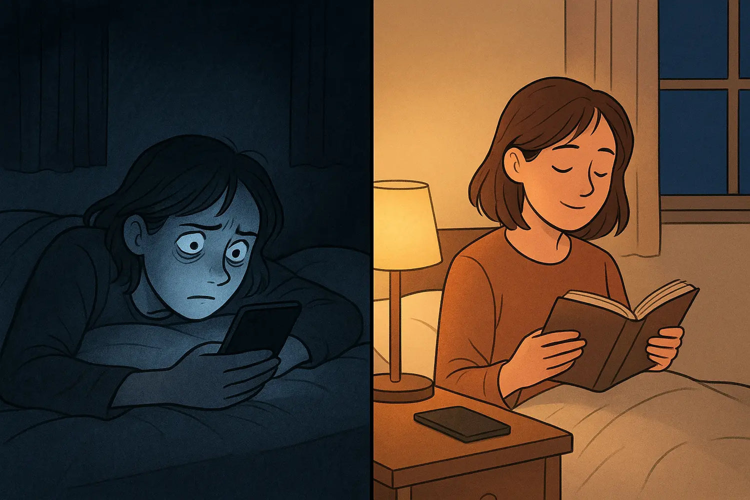 Side-by-side comparison showing stressed phone scrolling in bed versus calm book reading, illustrating healthy sleep habits.