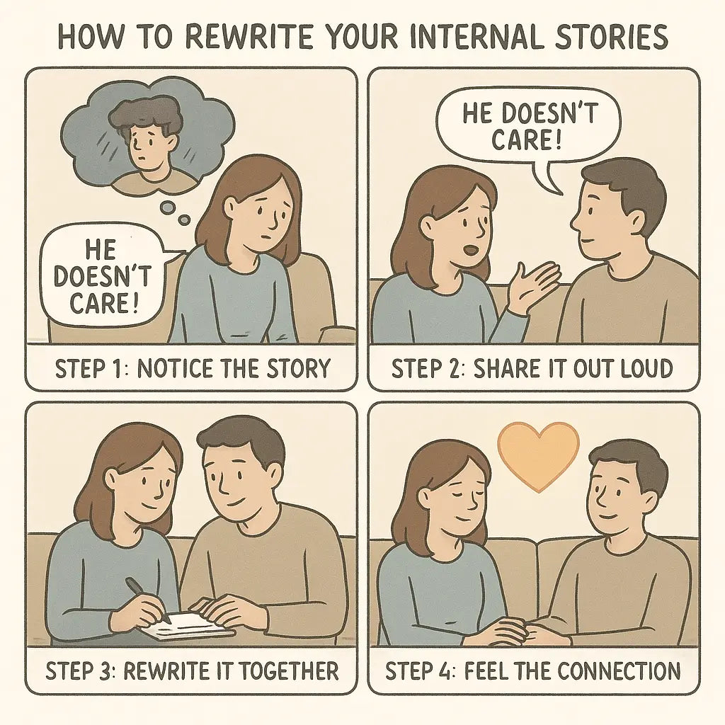 Four-panel comic showing a couple transforming negative thoughts into positive reconnection through collaborative storytelling