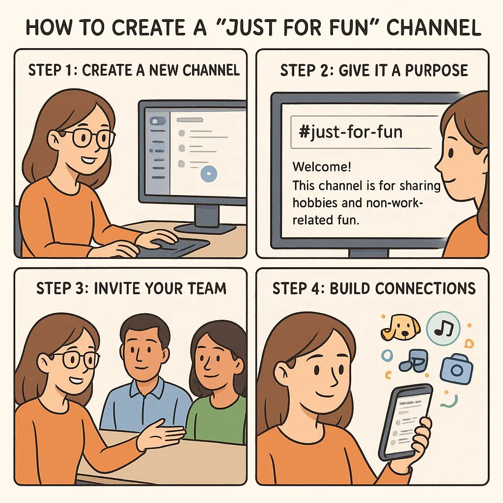 Four-panel comic showing a woman creating a Just for Fun channel, setting its purpose, inviting teammates, and enjoying the positive team connections that result.
