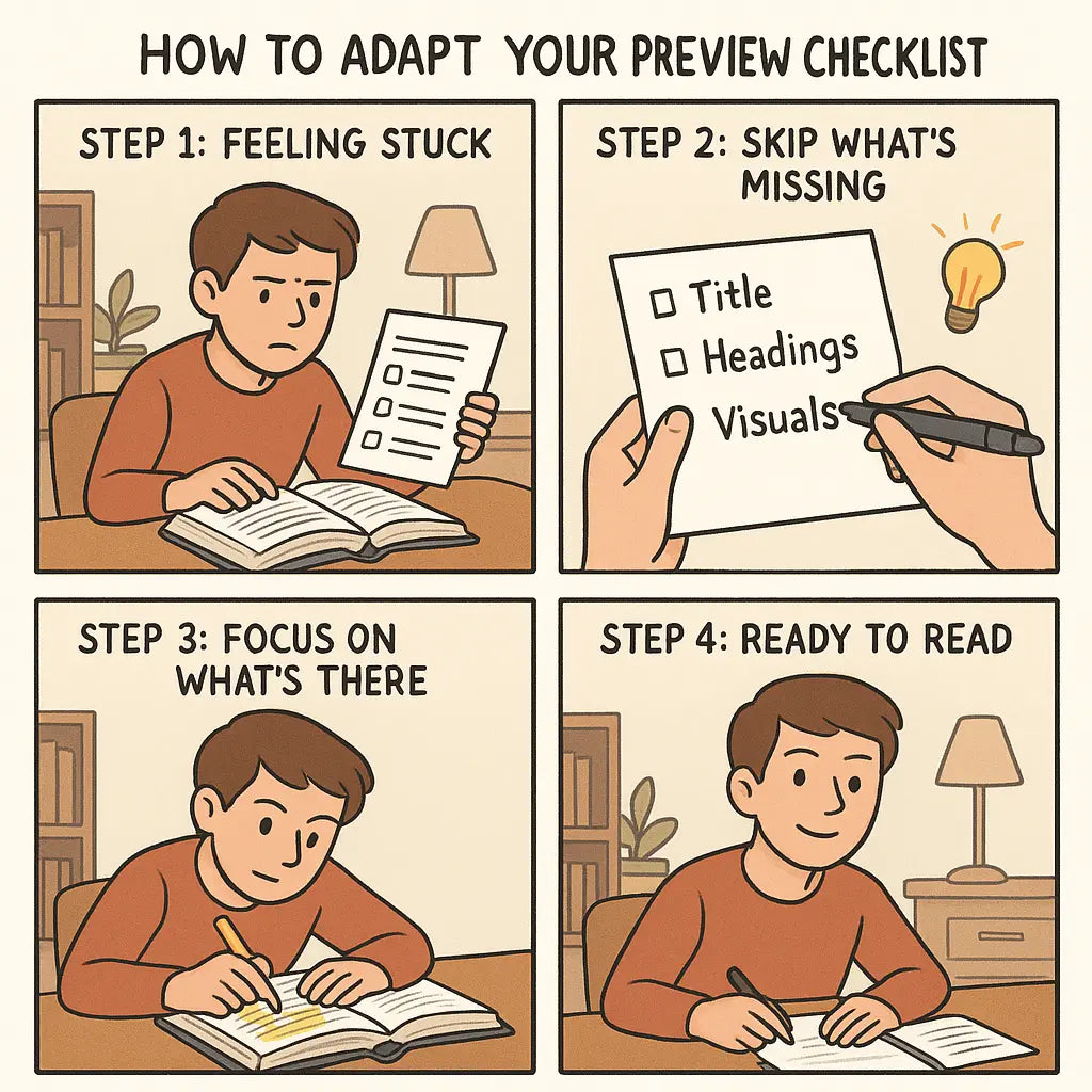 Four-panel comic showing a student adapting their study checklist, moving from confusion to confidence by focusing on available content.