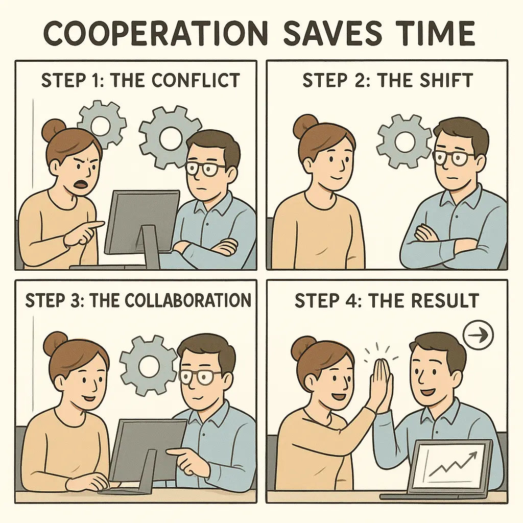 Four-panel comic showing two colleagues transforming from defensive conflict to successful collaboration, with gears shifting from jammed to smoothly meshing