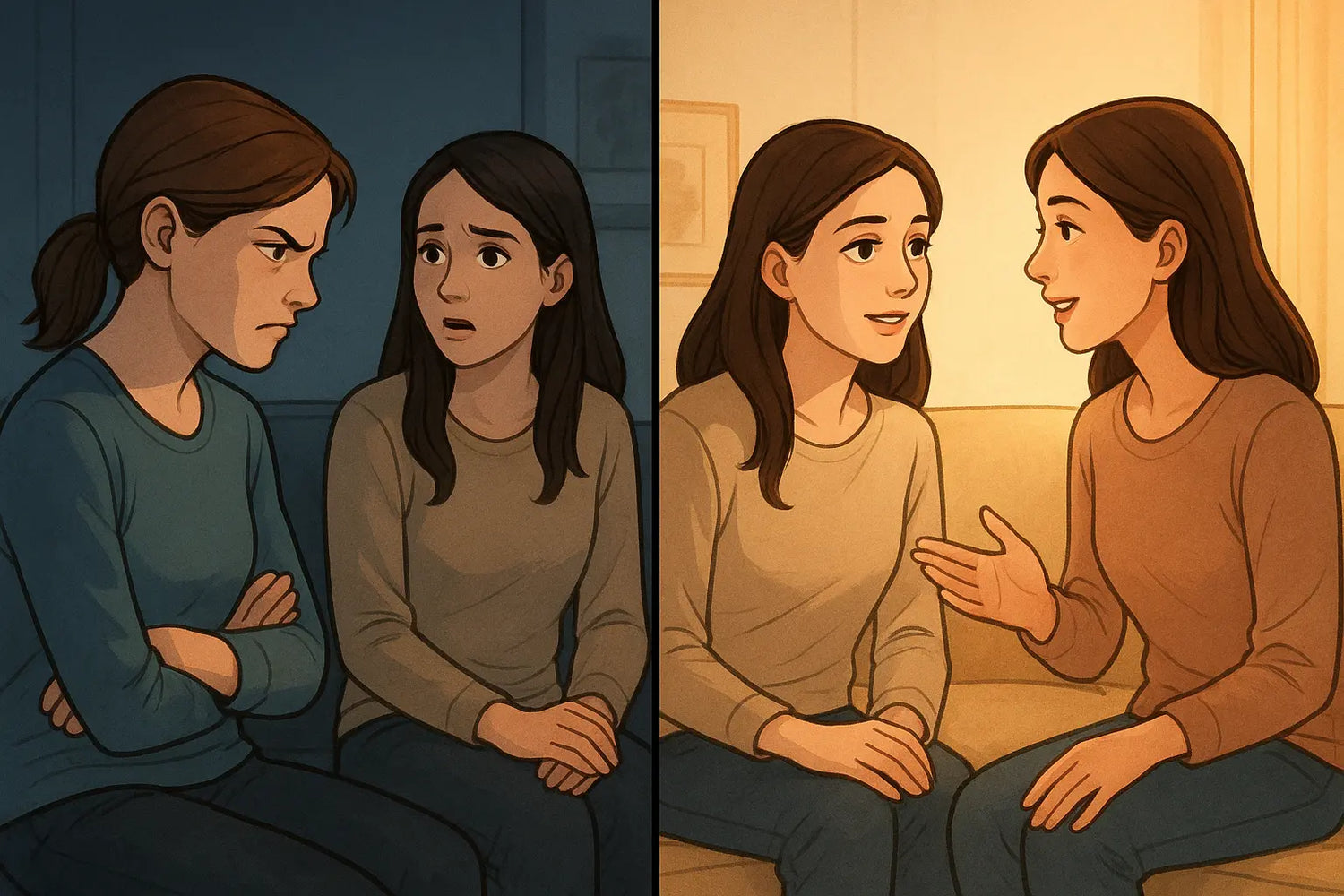 Woman transforming from hurt and angry to calm and engaged, asking for clarity in a cosy living room conversation.