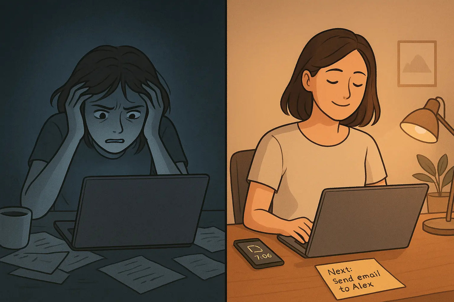 Split panel showing a woman at her desk: stressed and working late on the left, calm and finishing on time with an alarm and sticky note on the right.