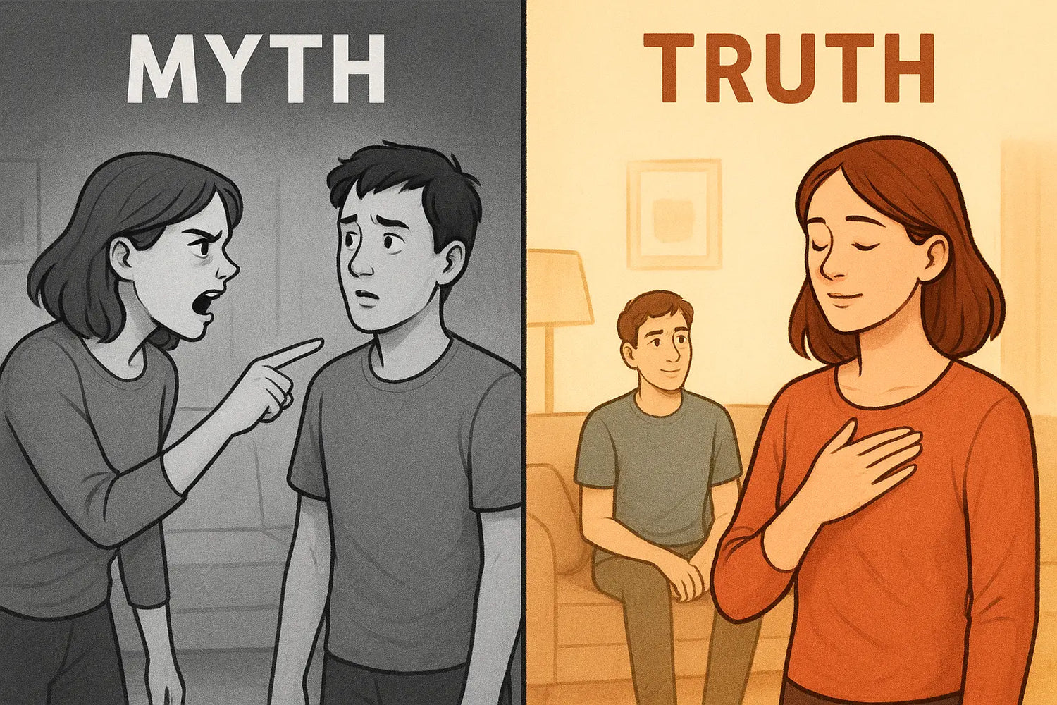 Woman pausing during a relationship conflict, hand on heart, recognising her feeling is from the past while her partner watches with care.