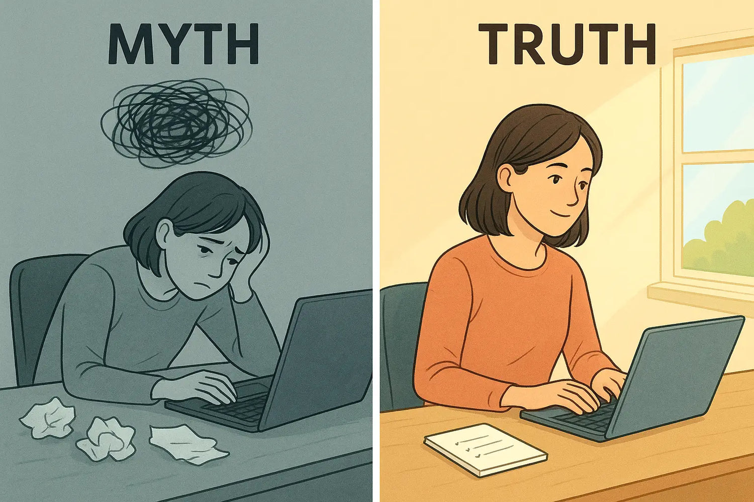 Woman at desk comparing overwhelmed state to calm focus using a thinking traps checklist for neurodivergent support