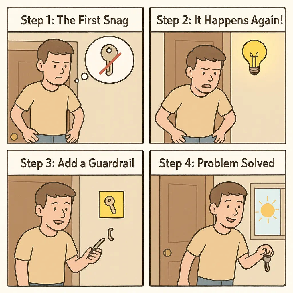 Four-panel comic showing a man installing a key hook after forgetting his keys twice, then successfully leaving with keys in hand