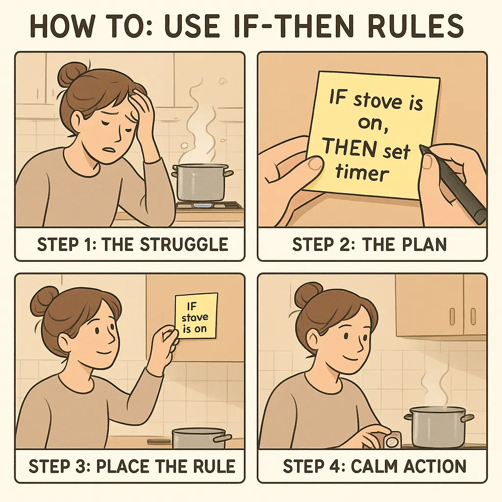 Four-panel comic showing a woman transforming from stressed cooking to calm control using a visible if-then rule sticky note by her stove