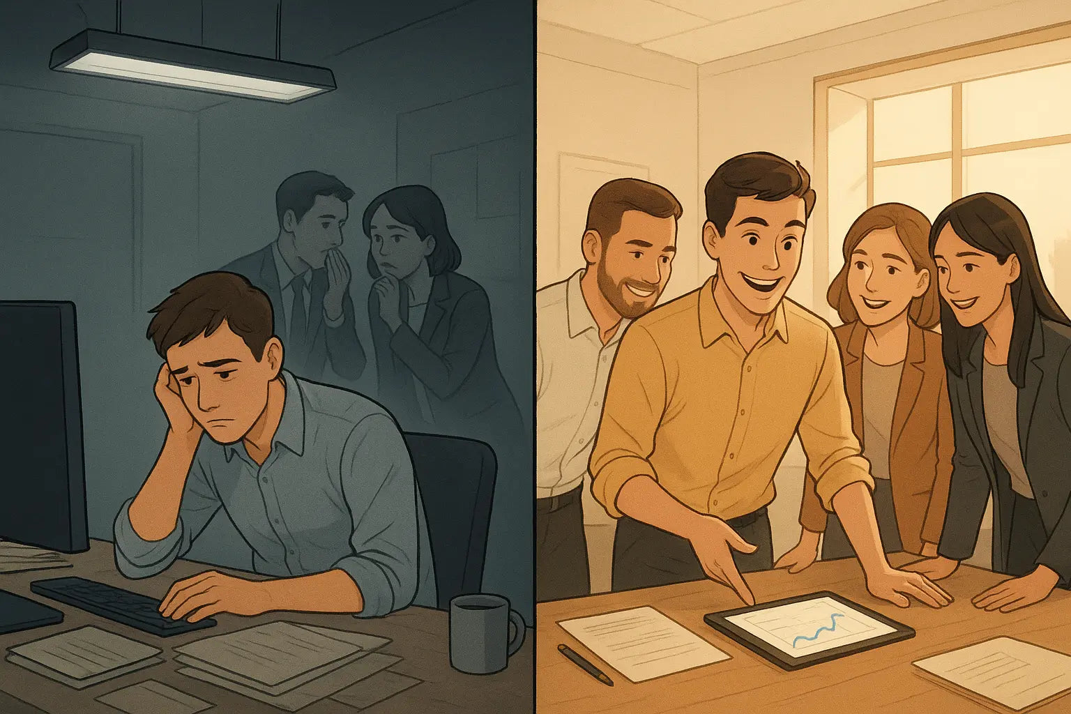 Office transformation showing colleagues moving from isolation to collaborative teamwork through better communication