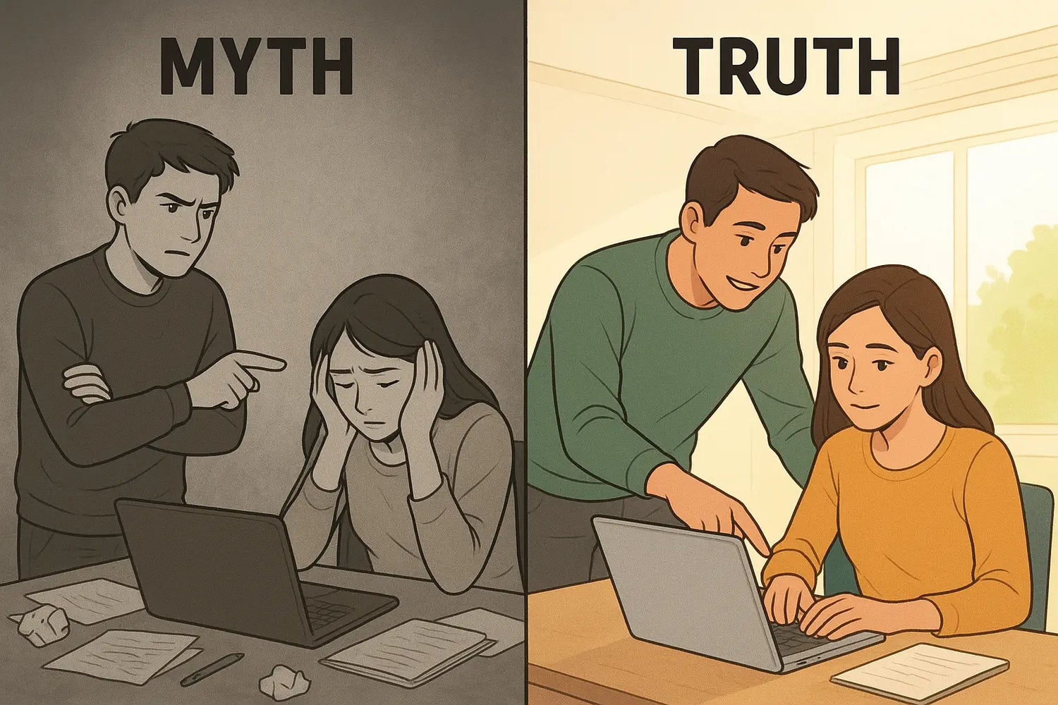 Two students collaborating: one points to laptop screen supportively whilst the other types, showing productive teamwork versus blame.