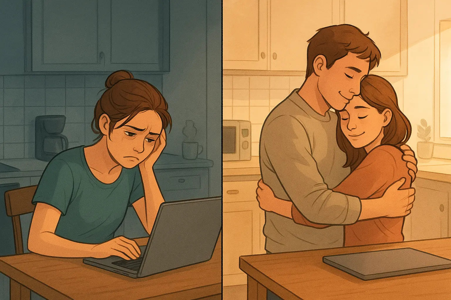 Split-panel showing a woman transforming from self-critical to comforted by her partner's supportive embrace in their kitchen.