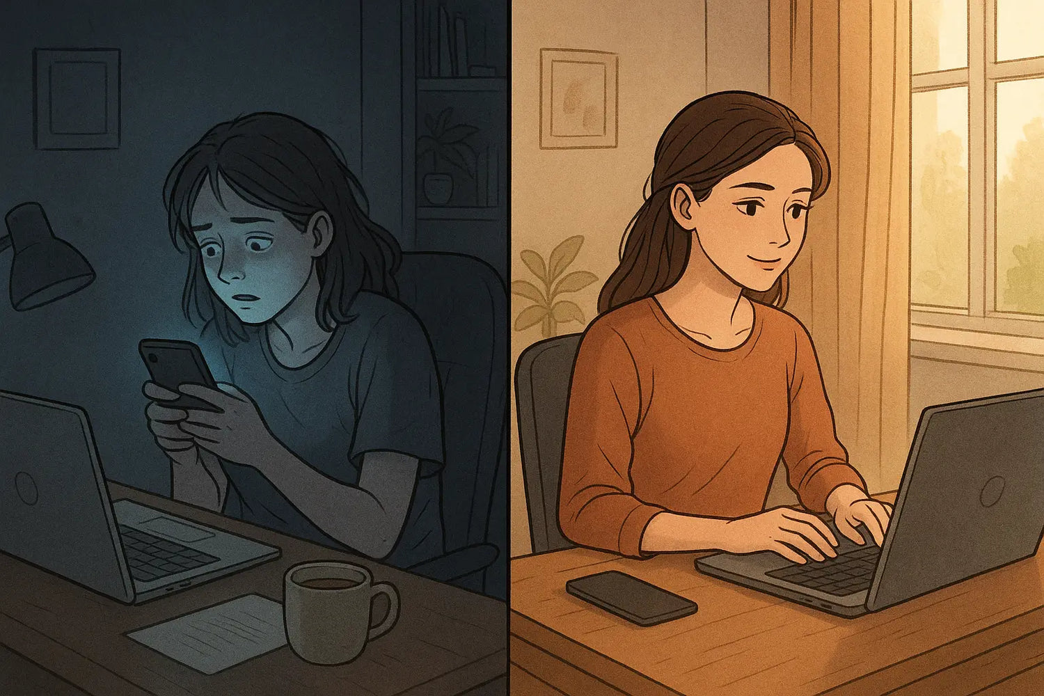 Split-panel illustration showing a woman transforming from distracted phone scrolling to focused, confident work at her desk in a bright home office