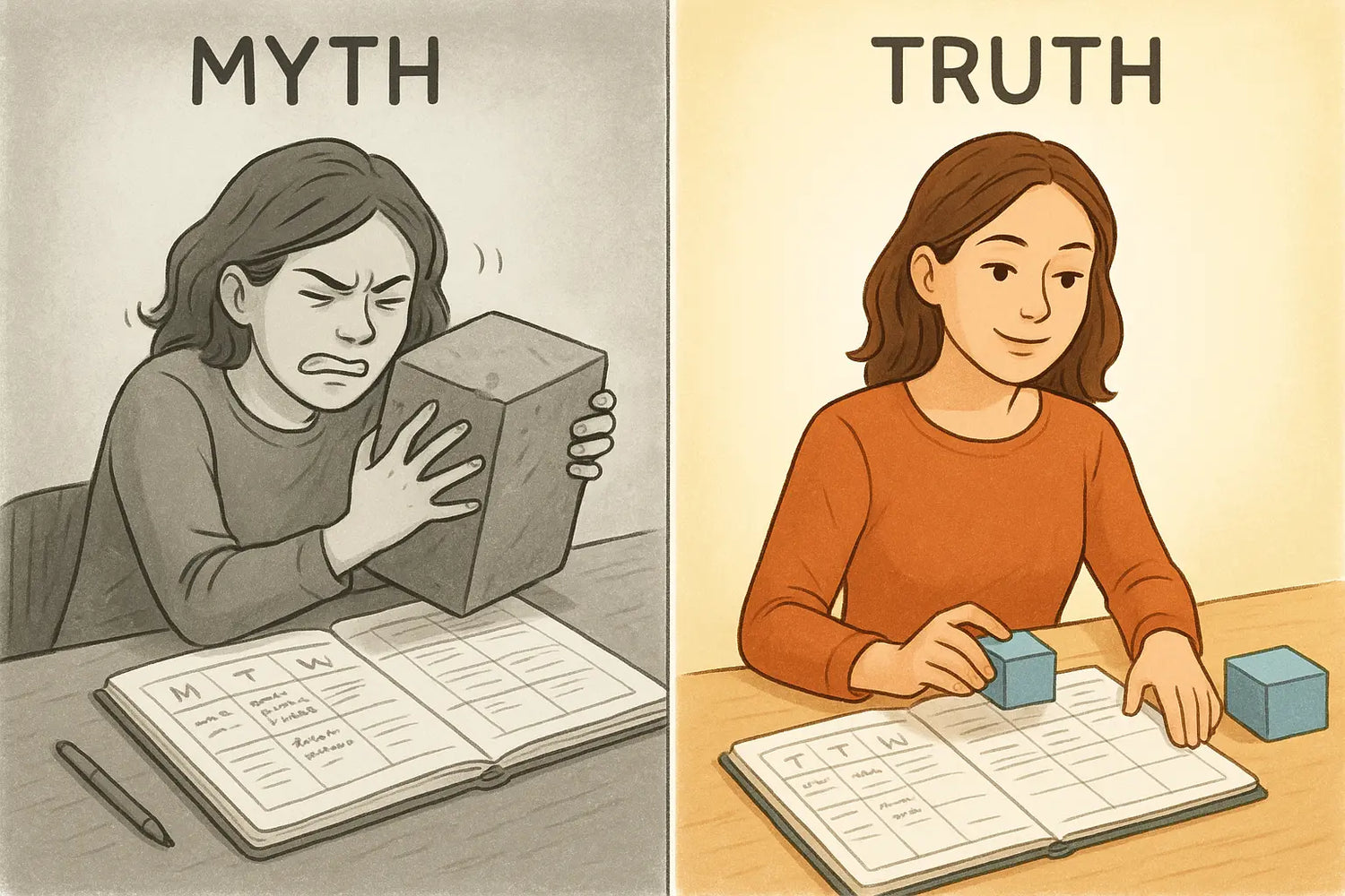 Side-by-side comparison showing a stressed person forcing a large task into a busy day versus a calm person matching task size to their schedule