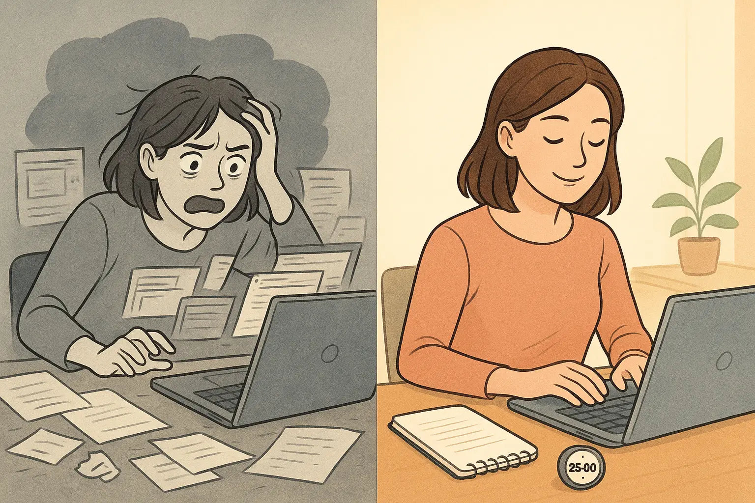 Comparison of a stressed woman at a chaotic desk versus the same woman calmly transitioning tasks using a countdown timer